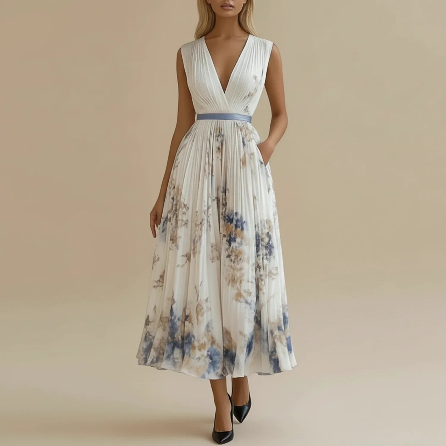 Luvrefashion | Floral Midi A Line Dress for in White - front view