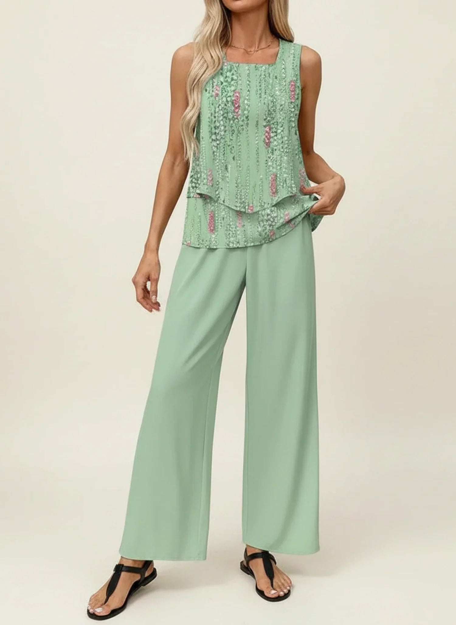 Luvrefashion | Sleeveless Jumpsuit Set in Green White - side view