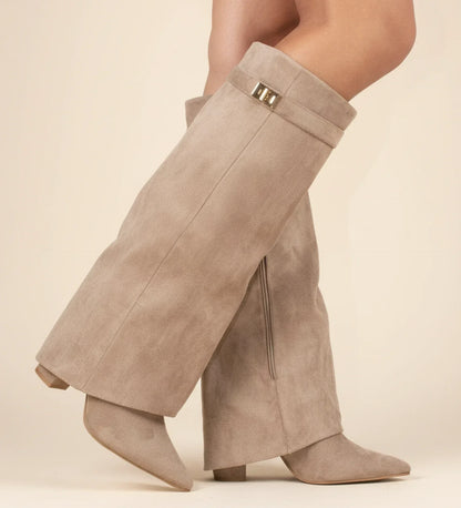 Luvrefashion | Pull On Slouchy Knee High Boots in Beige - side view