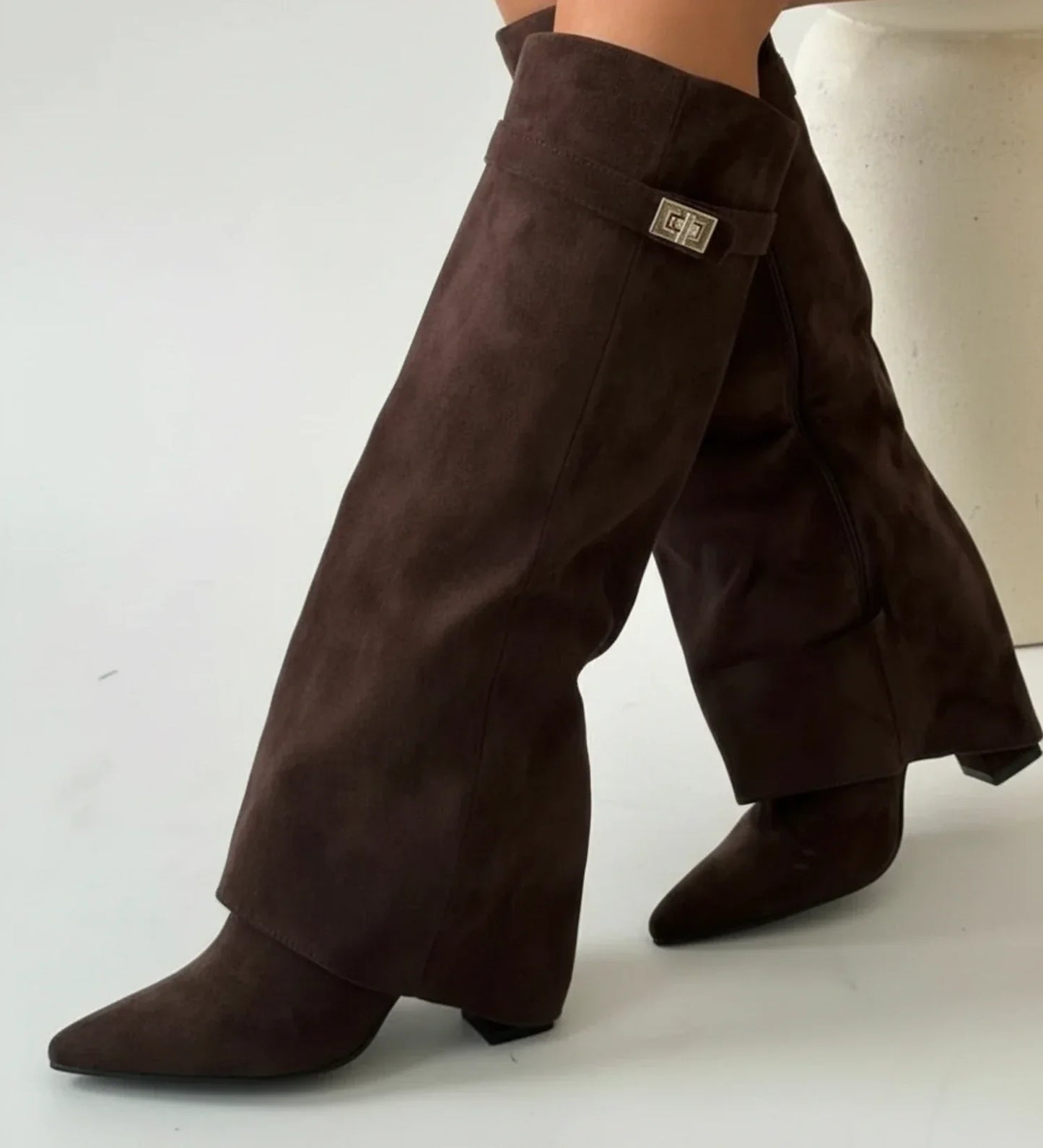 Luvrefashion | Pull On Slouchy Knee High Boots in Beige - detail view