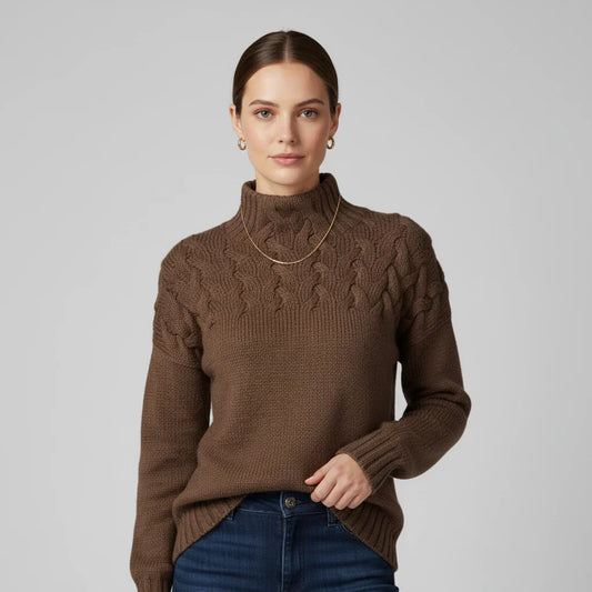 Luvrefashion | Ladies' High Neck Pullover Sweater in Brown - front view