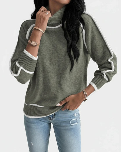 Luvrefashion | Knit Sweater with Contrast Trim and Turtleneck in Green - front view