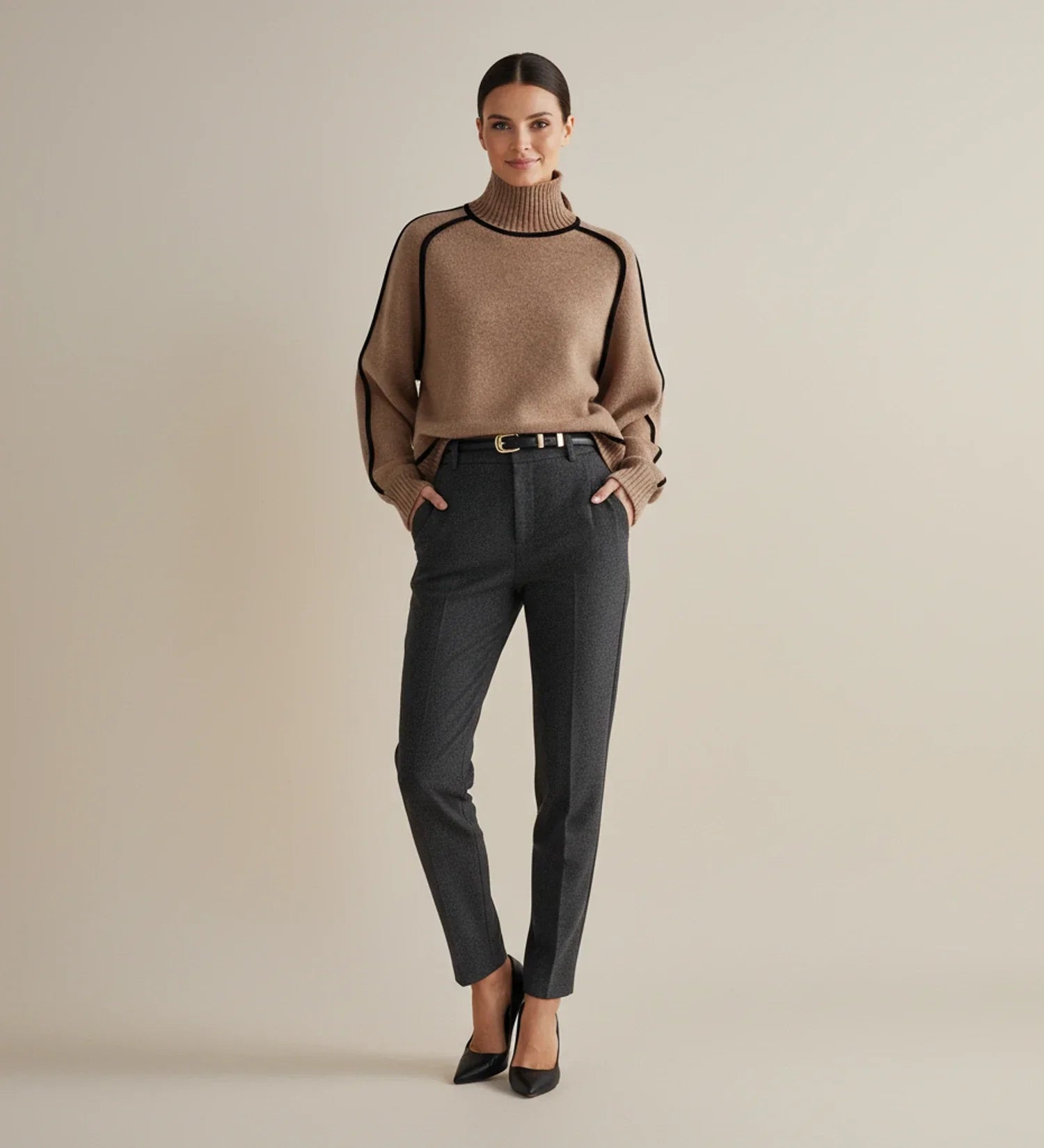 Luvrefashion | Contrast Trim Turtleneck Sweater in Brown - back view