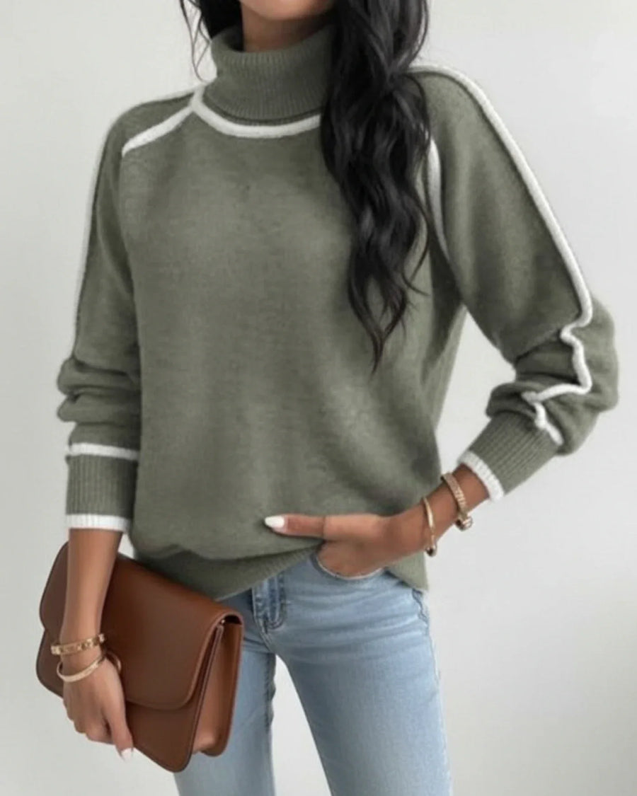 Luvrefashion | Knit Sweater with Contrast Trim and Turtleneck in Green - detail view