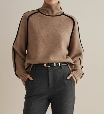 Luvrefashion | Contrast Trim Turtleneck Sweater in Brown - side view