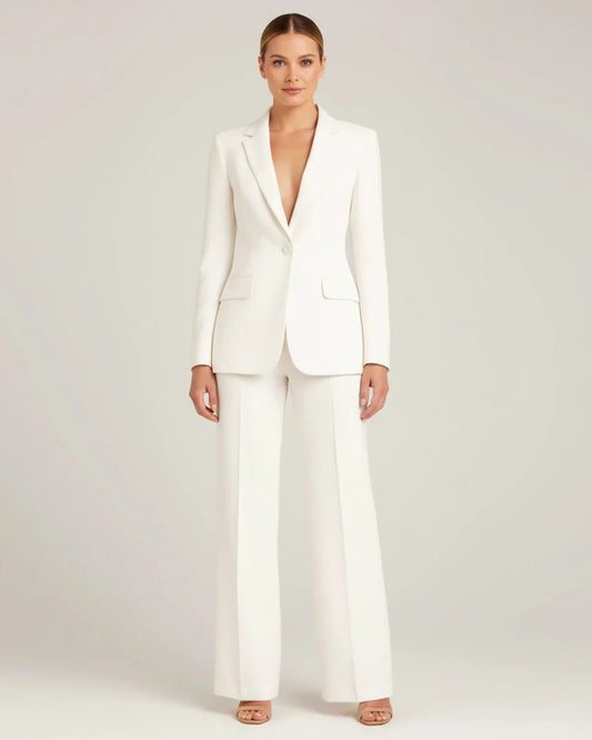 Luvrefashion | Elegant Tailored Long Blazer Suit Ensemble in White - front view