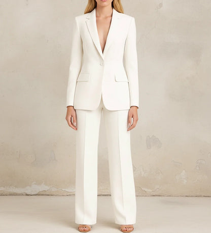 Luvrefashion | Elegant Tailored Long Blazer Suit Ensemble in White - detail view