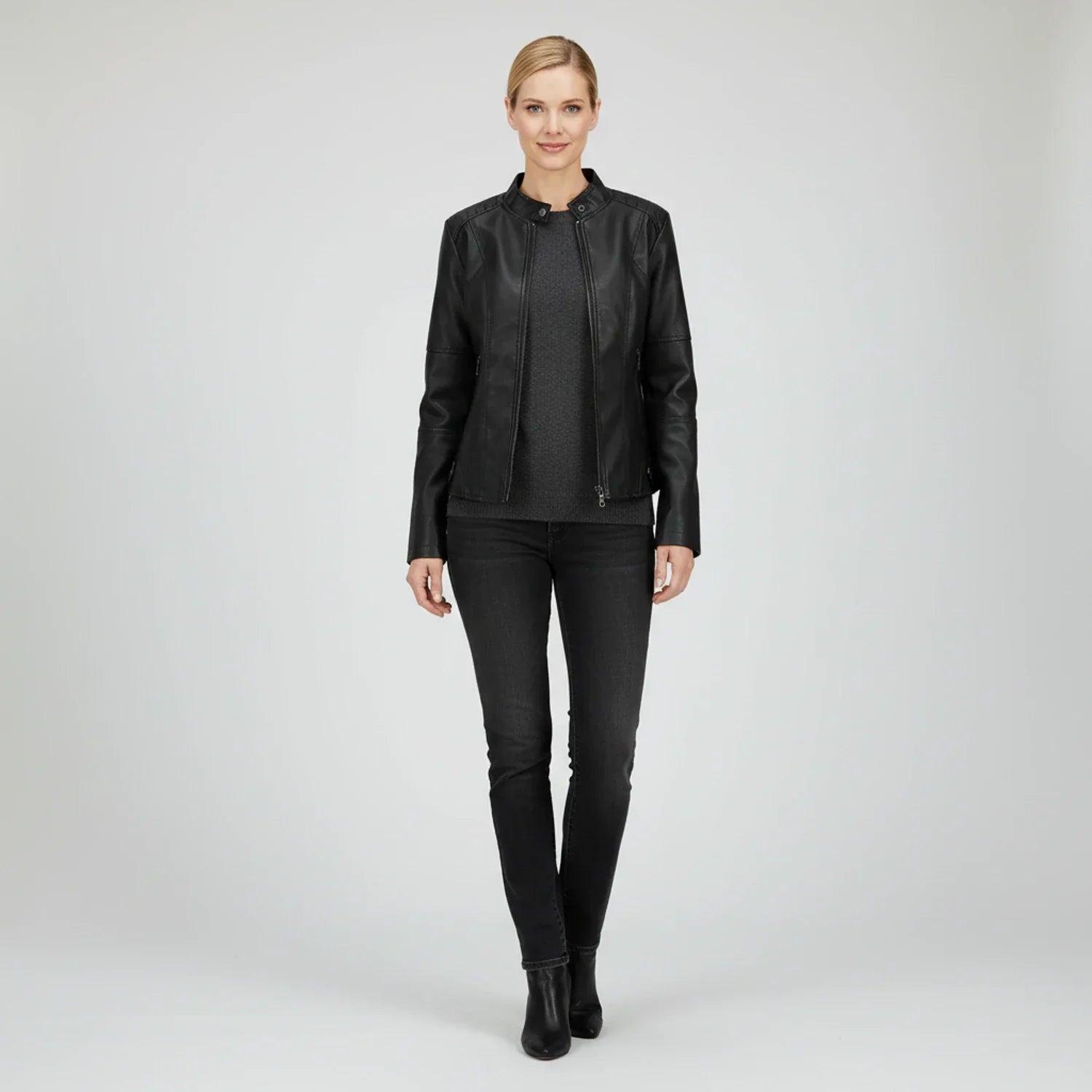 Luvrefashion | Ladies' Motorcycle Biker Jacket with Zippered Pockets in Black - back view