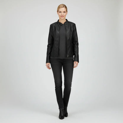 Luvrefashion | Ladies' Motorcycle Biker Jacket with Zippered Pockets in Black - back view