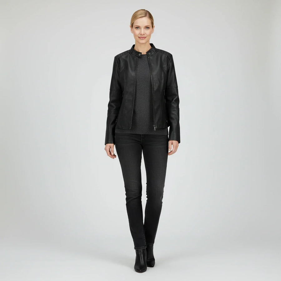 Luvrefashion | Ladies' Motorcycle Biker Jacket with Zippered Pockets in Black - back view
