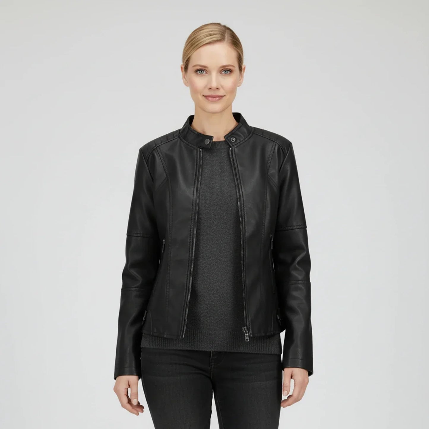 Luvrefashion | Ladies' Motorcycle Biker Jacket with Zippered Pockets in Black - front view