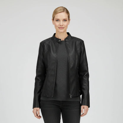 Luvrefashion | Ladies' Motorcycle Biker Jacket with Zippered Pockets in Black - front view
