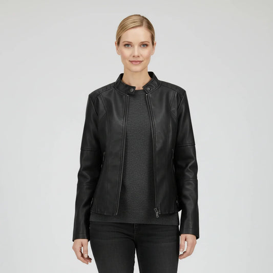 Luvrefashion | Ladies' Motorcycle Biker Jacket with Zippered Pockets in Black - front view