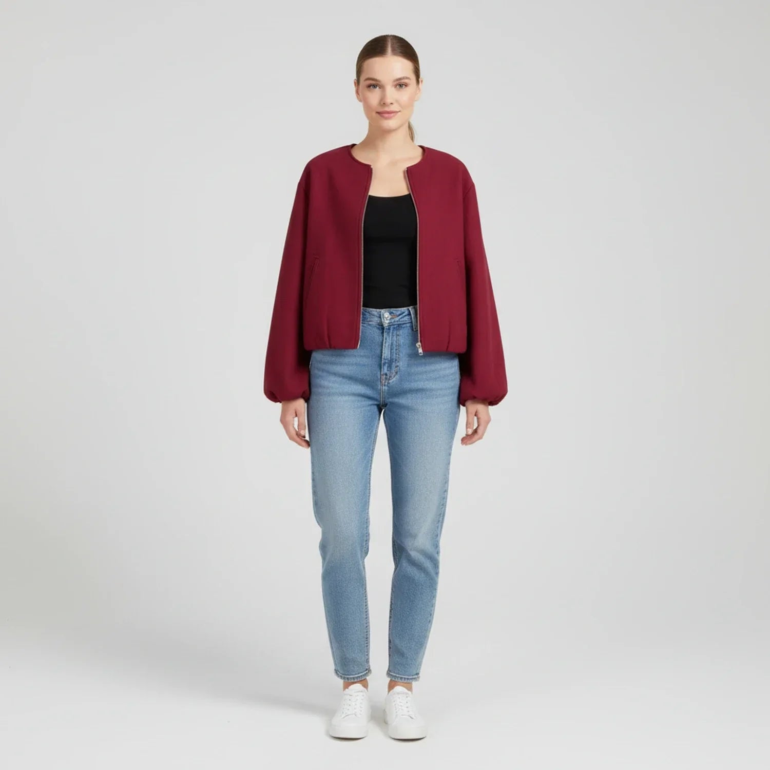 Luvrefashion | Zip Up Bomber Jacket with Balloon Sleeves in Khaki - image 9