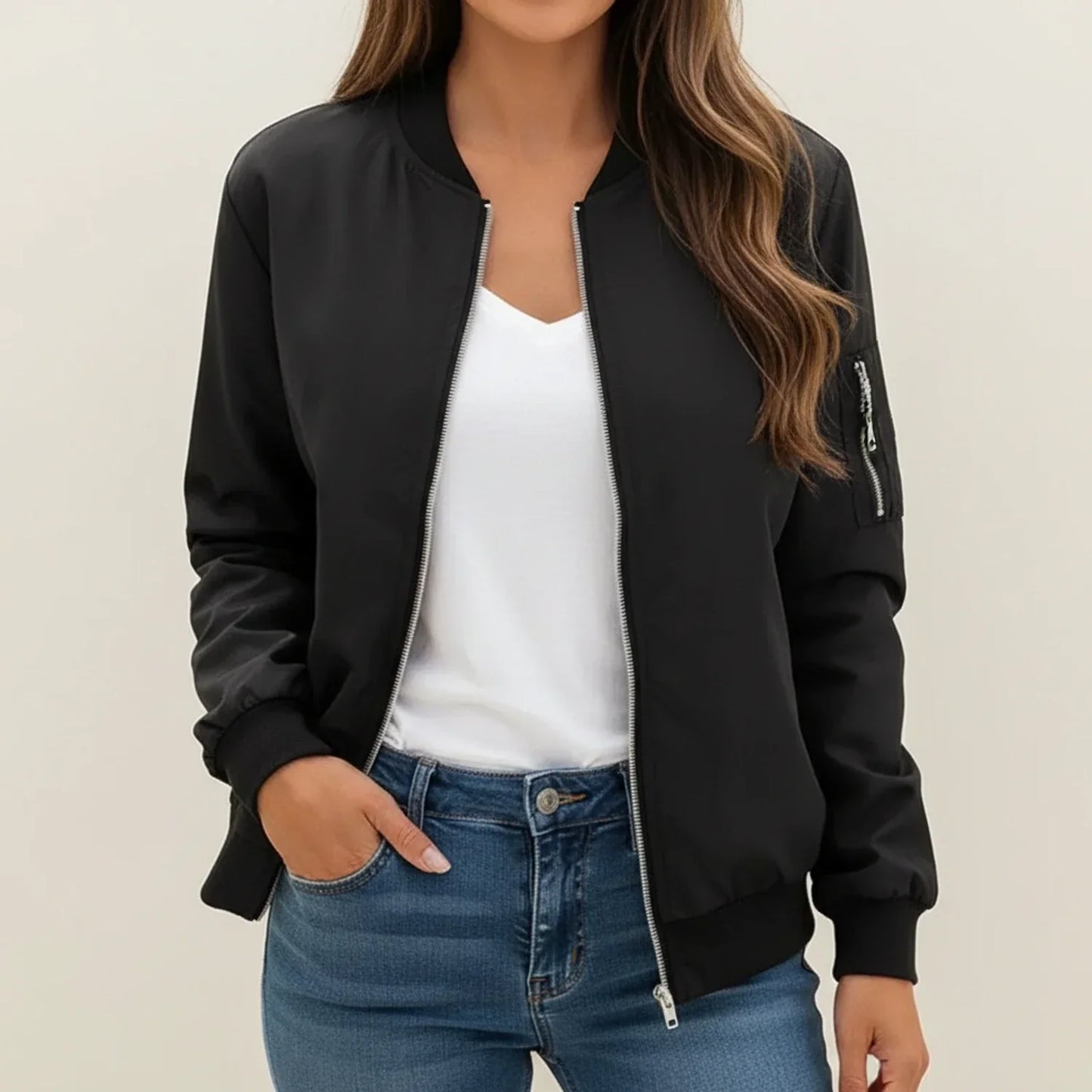 Luvrefashion | Ladies' Zip Front Bomber Jacket in Black - front view