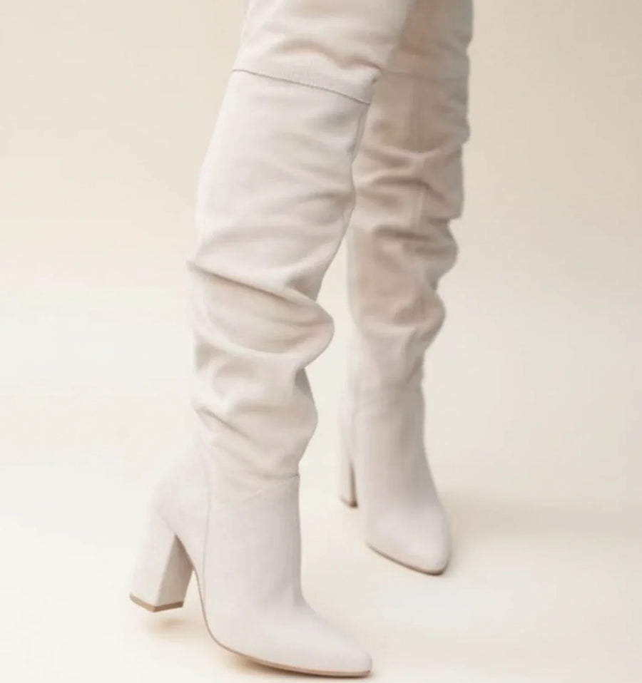 Luvrefashion | Block Heel Knee High Boots for in Beige - front view