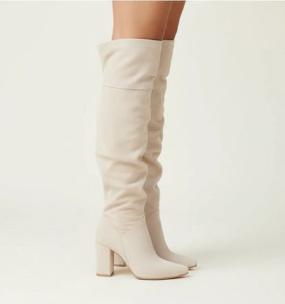 Luvrefashion | Block Heel Knee High Boots for in Beige - side view